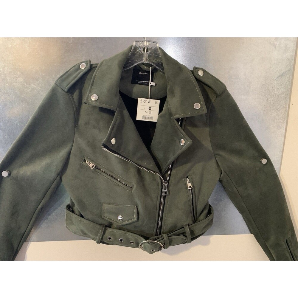 Cropped Motorcycle Eco-Suede Leather Jacket Olive Metallic M NEW w/Tag Bershka